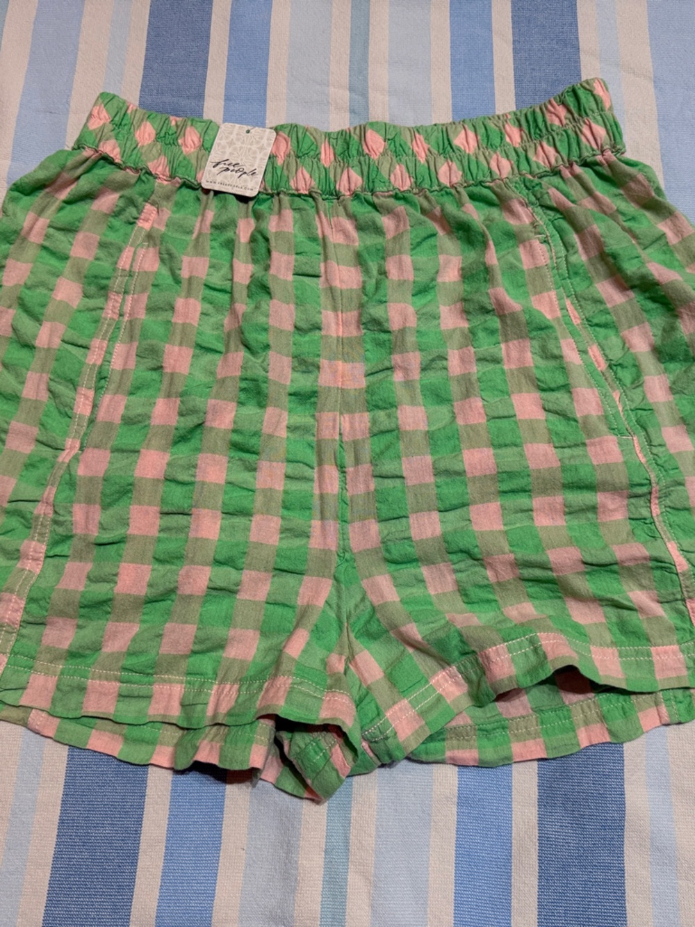Free People Gingham Elastic-Waist Shorts in Green & Pink